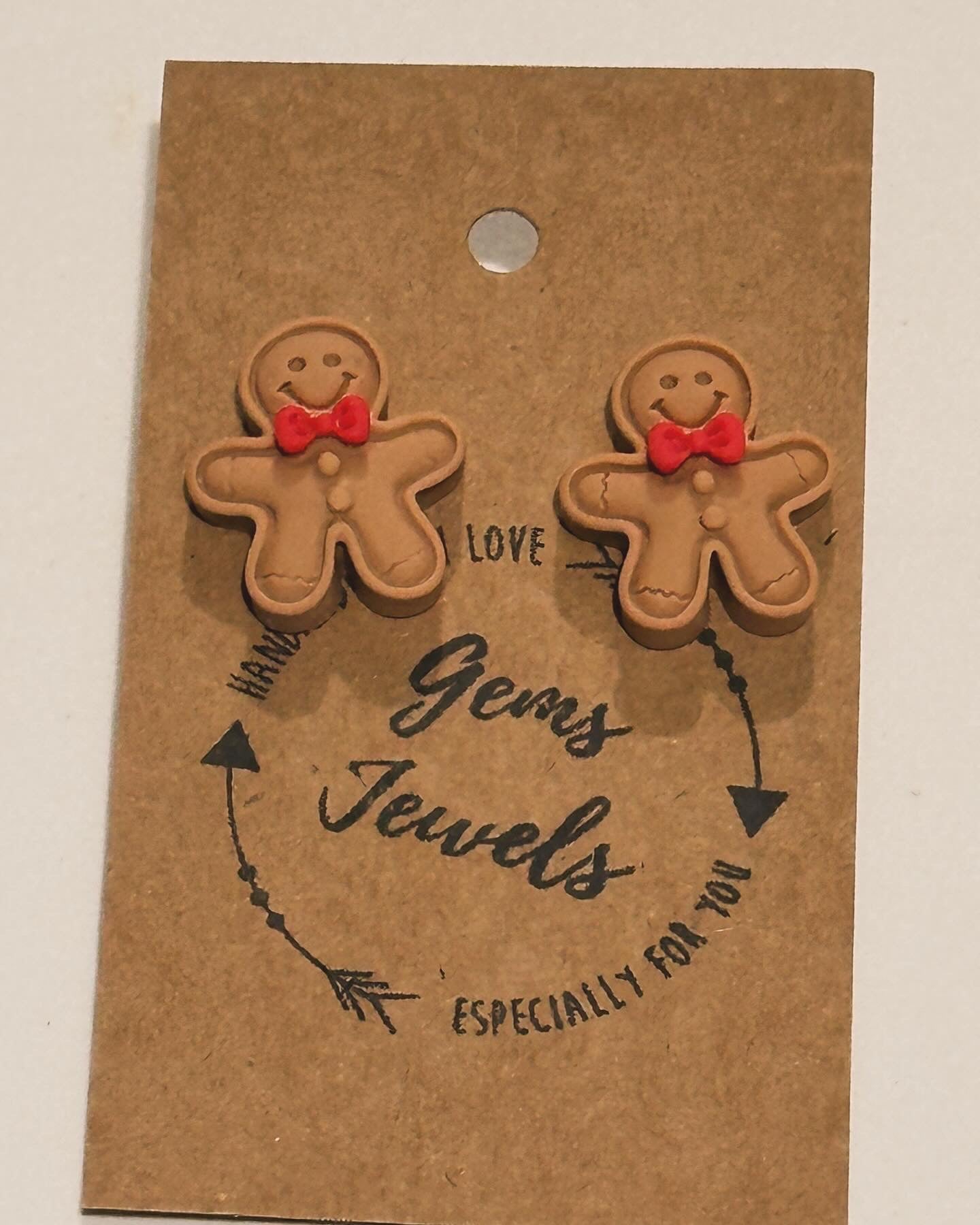 Gingerbread Man with red bow- stud earrings