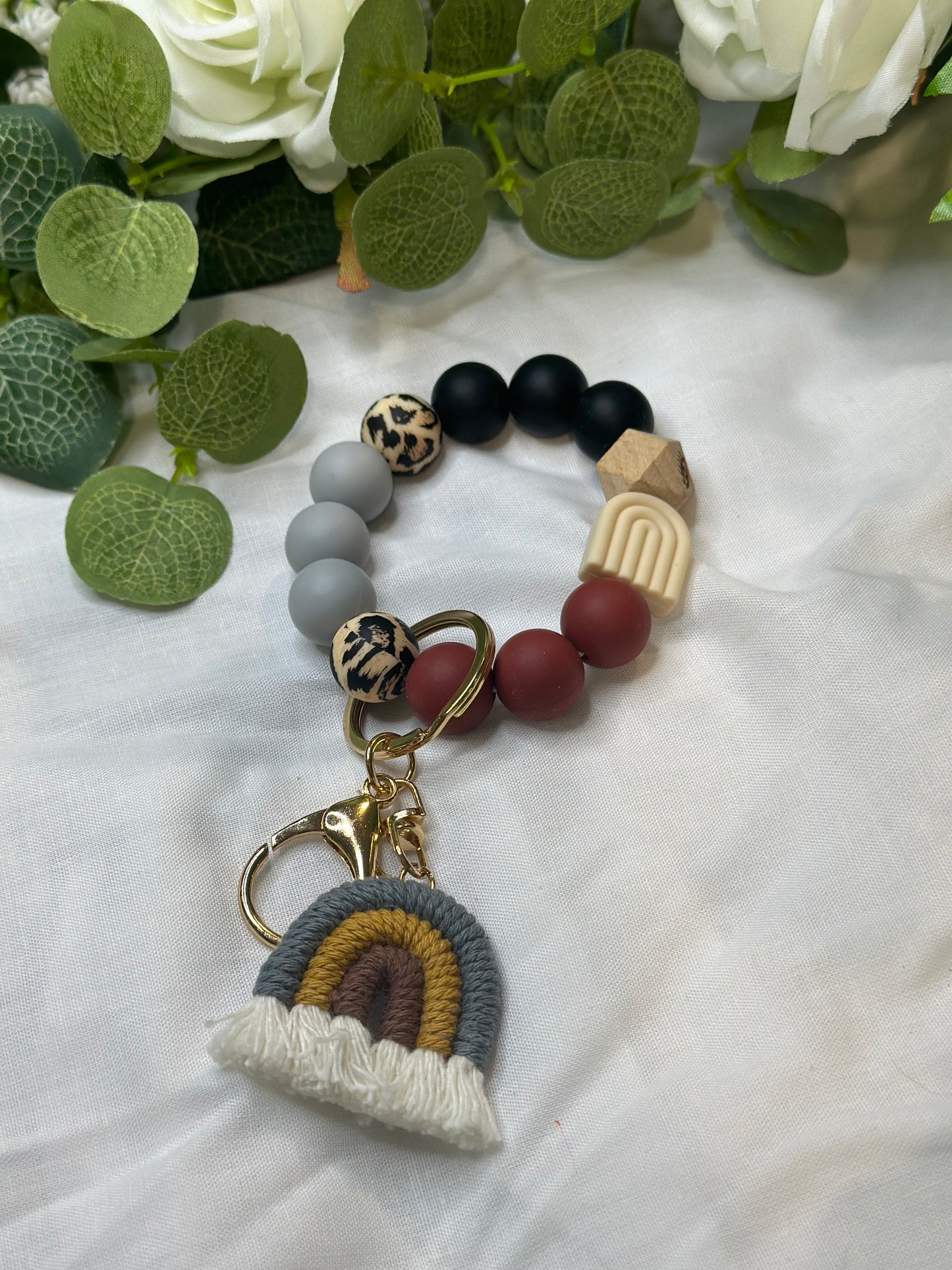 Tri coloured Beaded Keychain with grey rainbow