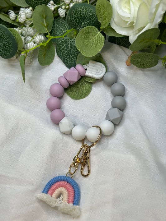 Pastel rainbow with pink and grey beaded keychain