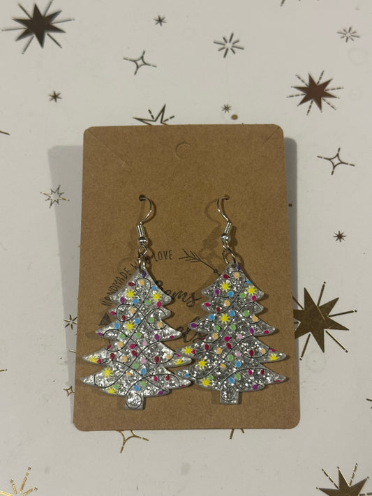 Silver Xmas Tree Dangle Earrings